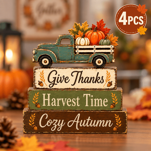 Fall Wooden Tabletop Decor Grateful Pumpkin Block Sign Thanksgiving Harvest Farmhouse Shelf Decoration for Tiered Tray Mantel Table Cozy Autumn