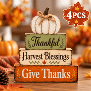 Fall Wooden Tabletop Decor Grateful Pumpkin Block Sign Thanksgiving Harvest Farmhouse Shelf Decoration for Tiered Tray Mantel Table Give Thanks