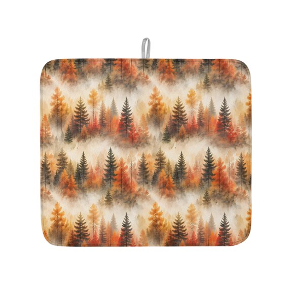 Fall Woodland Dish Drying Mat 16x18 inch Tall Spruce Maple Trees Forest Rustic Cottagecore Super Absorbent Microfiber Dish Drying Pad for Kitchen Countertops Sink Dish Drainer Racks 1 Pack