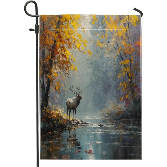 Fall Woodland Landscape Elk Garden Flags 12x18 Double Sided for Outside Decorative, Autumn Forest Maple Tree Pattern FrontYard House Flag, River Wild Animal Outdoor Small Backyard Lawn Flag