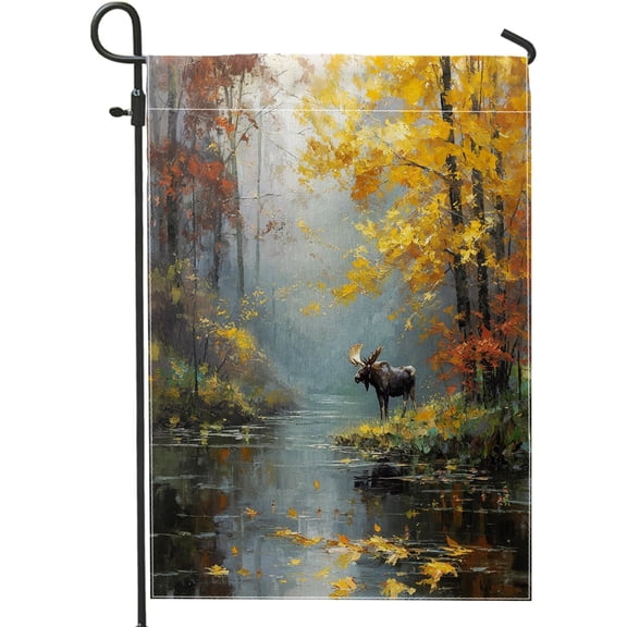 Fall Woodland Moose Garden Flag Double Sided 12 x 18 in Autumn Forest Maple Tree Pattern Outdoor Decorative