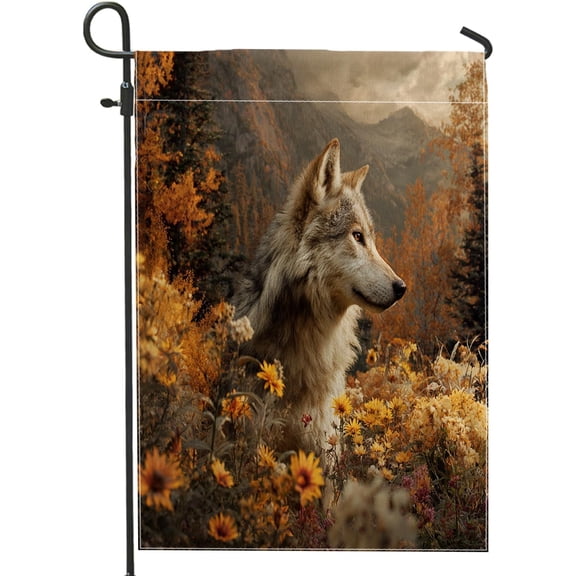 Fall Woodland Mountain Wolf Garden Flags 12x18 Inch Double Sided for Outside, Autumn Forest Wild Animal Pattern Standard Canvas House Flags, Landscape Scenic Front Yard Backyard Lawn Flag