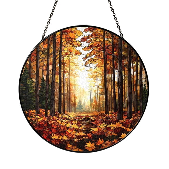 Fall Woodland Stained Glass Style Suncatcher Window Hanging Decor, Round Autumn Trees and Leaves Glass Window Panel Art, Decorative Forest Pathway Window Ornament for Living Room