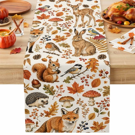 Fall Woodland Table Runner 13x36 Inch Rustic Orange Deer Squirrel Hedgehog Mushroom Leaf Cotton Linen Dining Table Runner Ideal for Dresser Kitchen Coffee Tables - Machine Washable