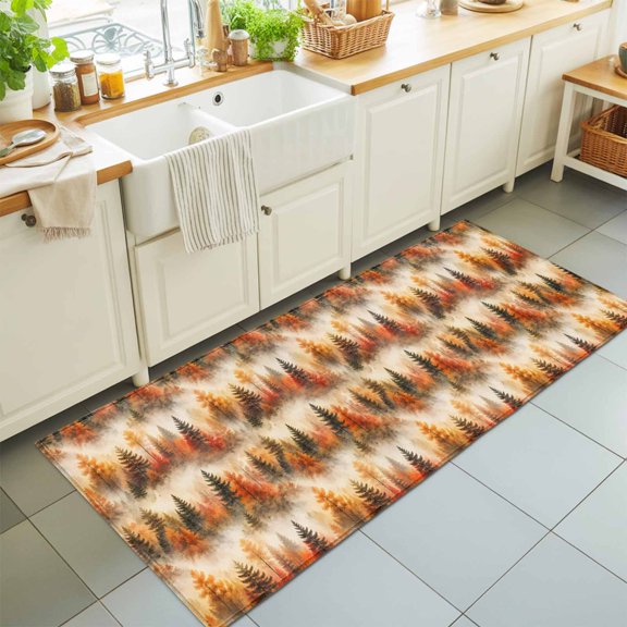 Fall Woodland Washable Runner Rugs 2'x6', Tall Spruce Maple Trees Forest Rustic Cottagecore Washable Runner Rug Non-Slip Sturdy Edge Binding Carpet for Bedside Hallway Runner Kitchen Galley