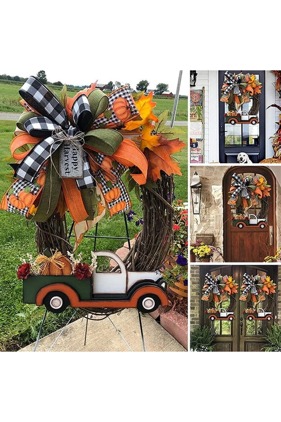 Fall Wreath, 13.7" Fall Decor Door Wreaths for Front Door Decorations Hanging, Orange Autumn Decor Wreaths with Artificial Pumpkin Car, Ideal for Autumn Harvest Thanksgiving Halloween