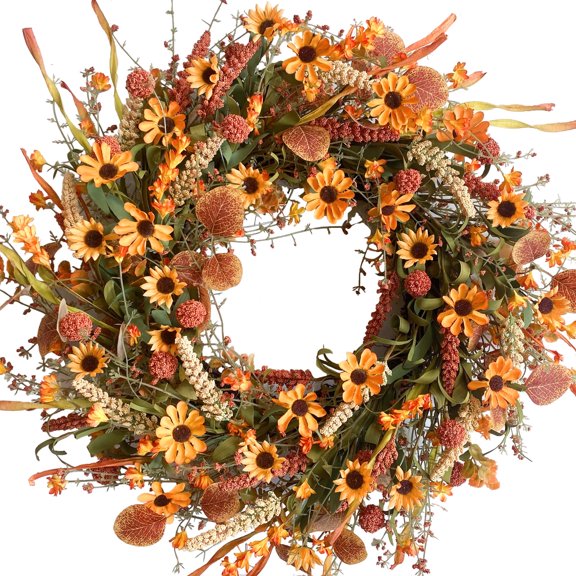 Fall Wreath 22 Inch Outdoor Fall Wreaths for Front Door Artificial Autumn Wreath with Orange Tulip and Various Wildflowers for Thanksgiving Home Holiday Decorations