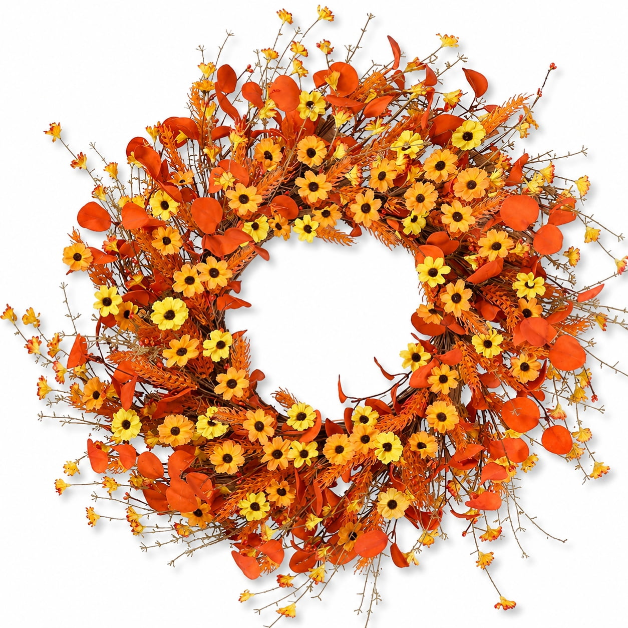 Fall Wreath 24 Inch Autumn Harvest Daisy Wreath with Orange Eucalyptus ...