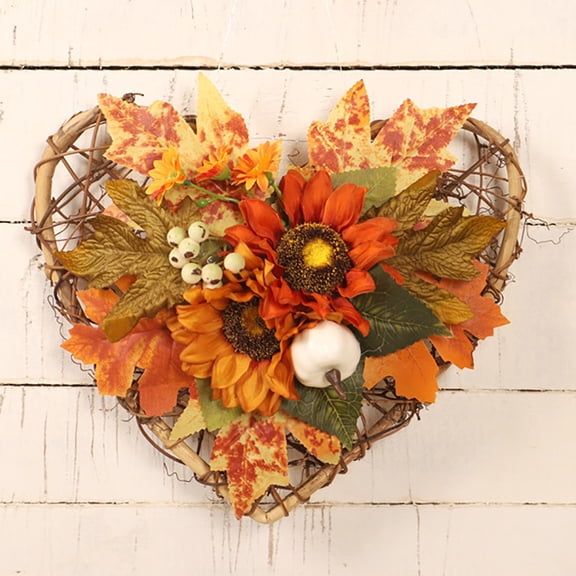 Fall Wreath Artificial Sunflower Wreath Thanksgiving Decorations Fall Wreath Heart Shape Christmas Pumpkin Wreath for Front Door Window Birthday Wedding Gift