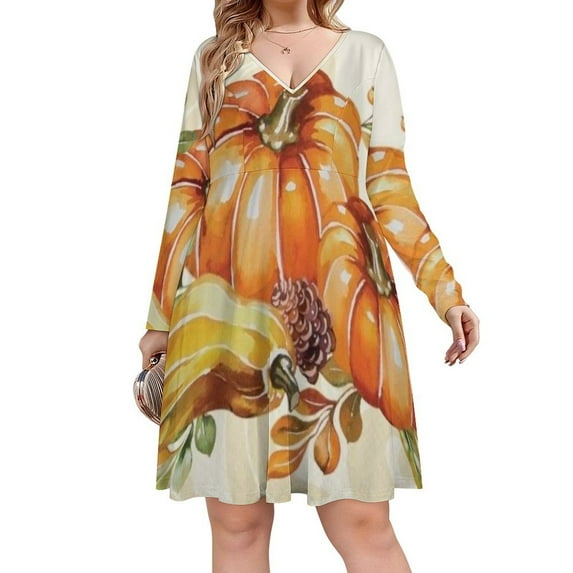 Fall Wreath Autumn Thanksgiving Pumpkins Long Sleeve Dresses For Women Vintage Elegant Party Dress Oversized V-neck Dress S-8XL