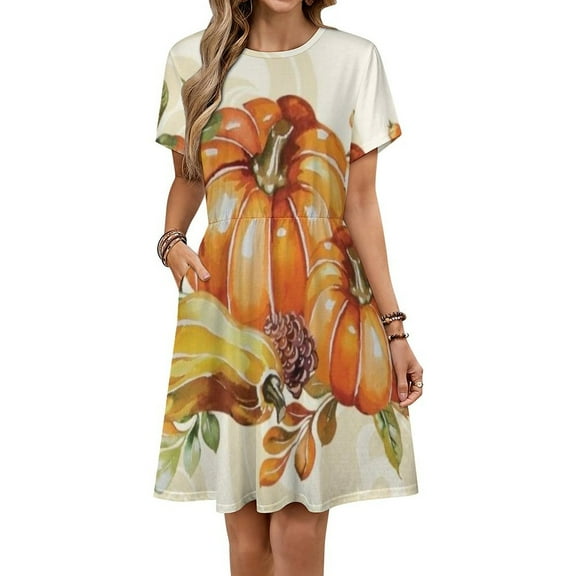 Fall Wreath Autumn Thanksgiving Pumpkins Short Sleeve Dress Women Summer Evening Dresses Ladies Sundress
