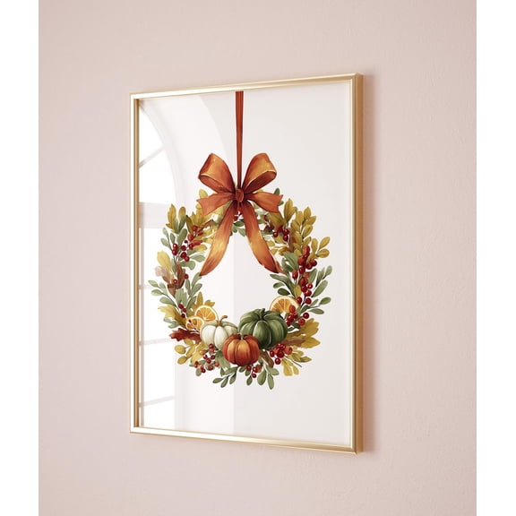 Fall Wreath Bow Autumn Wall Art, Unframed Paper Print Size 8x12