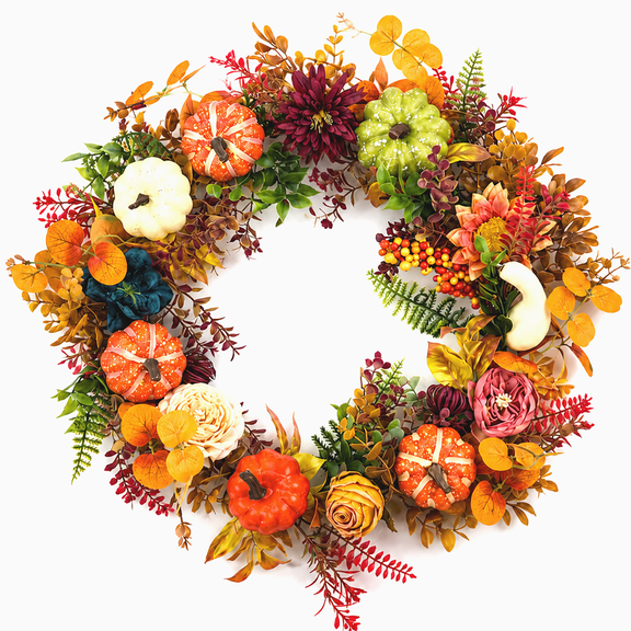 Fall Wreath Decoration Thanksgiving Front Door Decor Artificial Rustic Leaf Wreath Farmhouse Pumpkin Sunflower Home Wall Window Festival Wedding Décor 16.9" Design 5