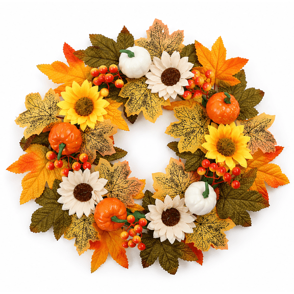 Fall Wreath for Front Door, Artificial Pumpkin Sunflower Thanksgiving Decor