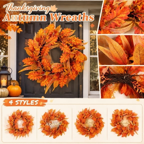 Fall Wreath, Fall Wreaths for Front Door, Thanksgiving Decorations, Artificial Leaves, Wreath for Front Door, 20 Inch Diameter Orange Oak Leaf Fall Decor for Daily Seasonal