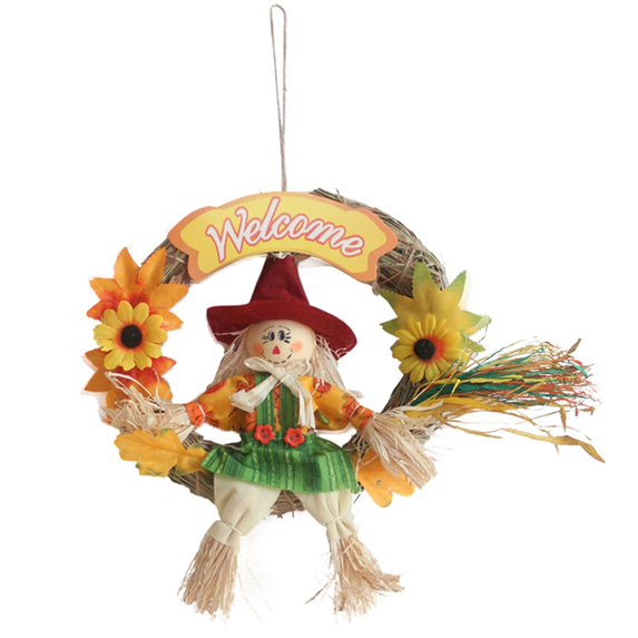 Fall Wreath for Front Door 10 Inch Artificial Sunflower Wreath Autumn Decoration Scarecrow Sunflowers Leaf Hanging Halloween Thanksgiving Harvest Indoor Outdoor Decor