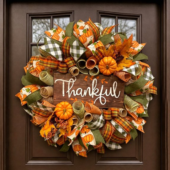 Fall Wreath for Front Door, 14 Inch Thanksgiving Wreath with Pumpkin Berries Maple Leaves Wood Sign, Mesh & Checkered Ribbon, Realistic and Full for Halloween Harvest Decor Indoor Outdoor Use