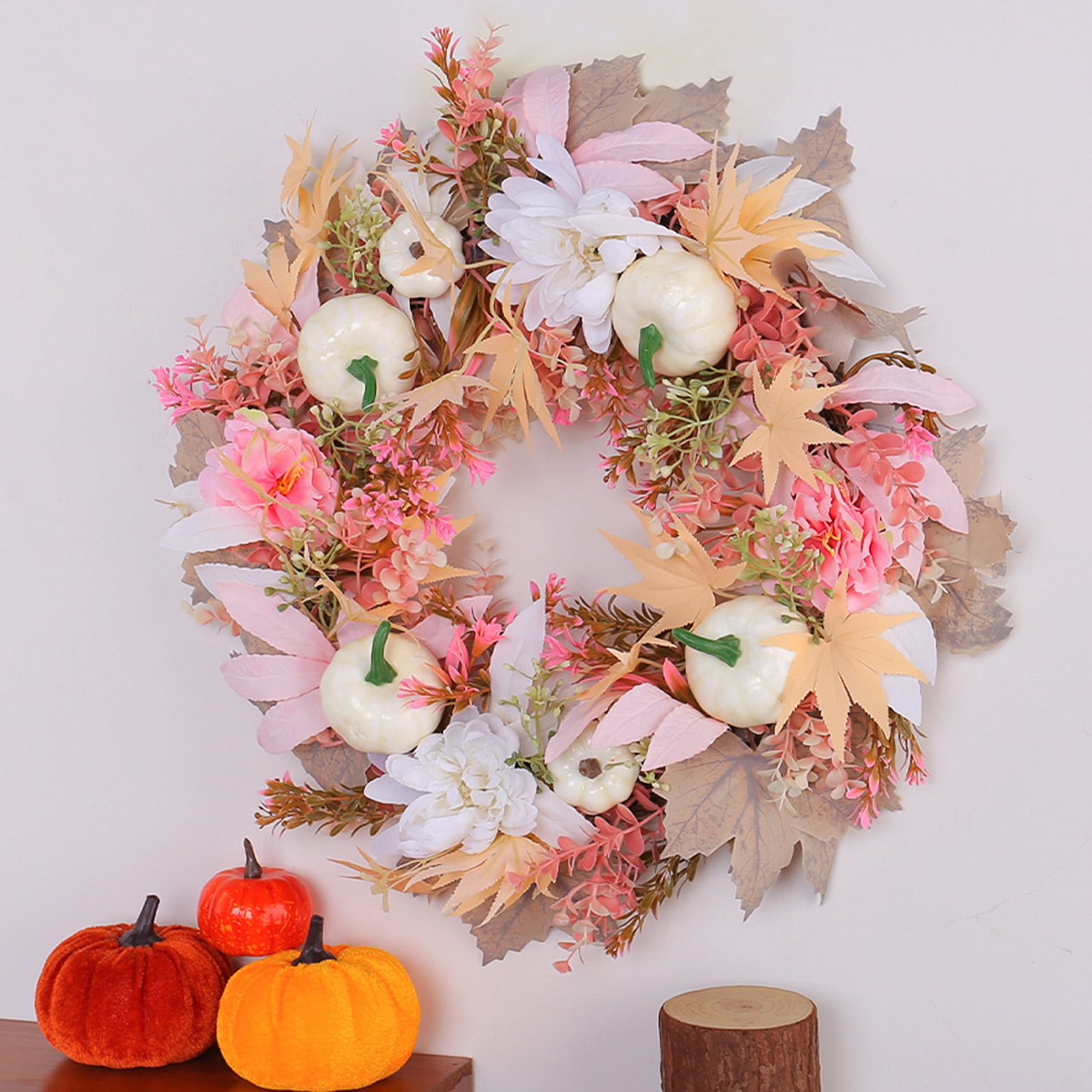Fall Wreath for Front Door - 16 Inch with White Pumpkins, Pink Flowers ...