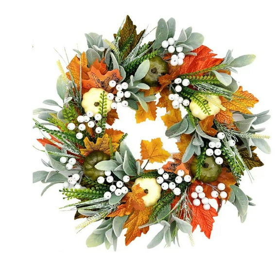 Fall Wreath for Front Door - 18.9" Thanksgiving Harvest Wreath with Pumpkins, Maple Leaves & Berries, Autumn Farmhouse Decor for Indoor/Outdoor Thanksgiving & Halloween