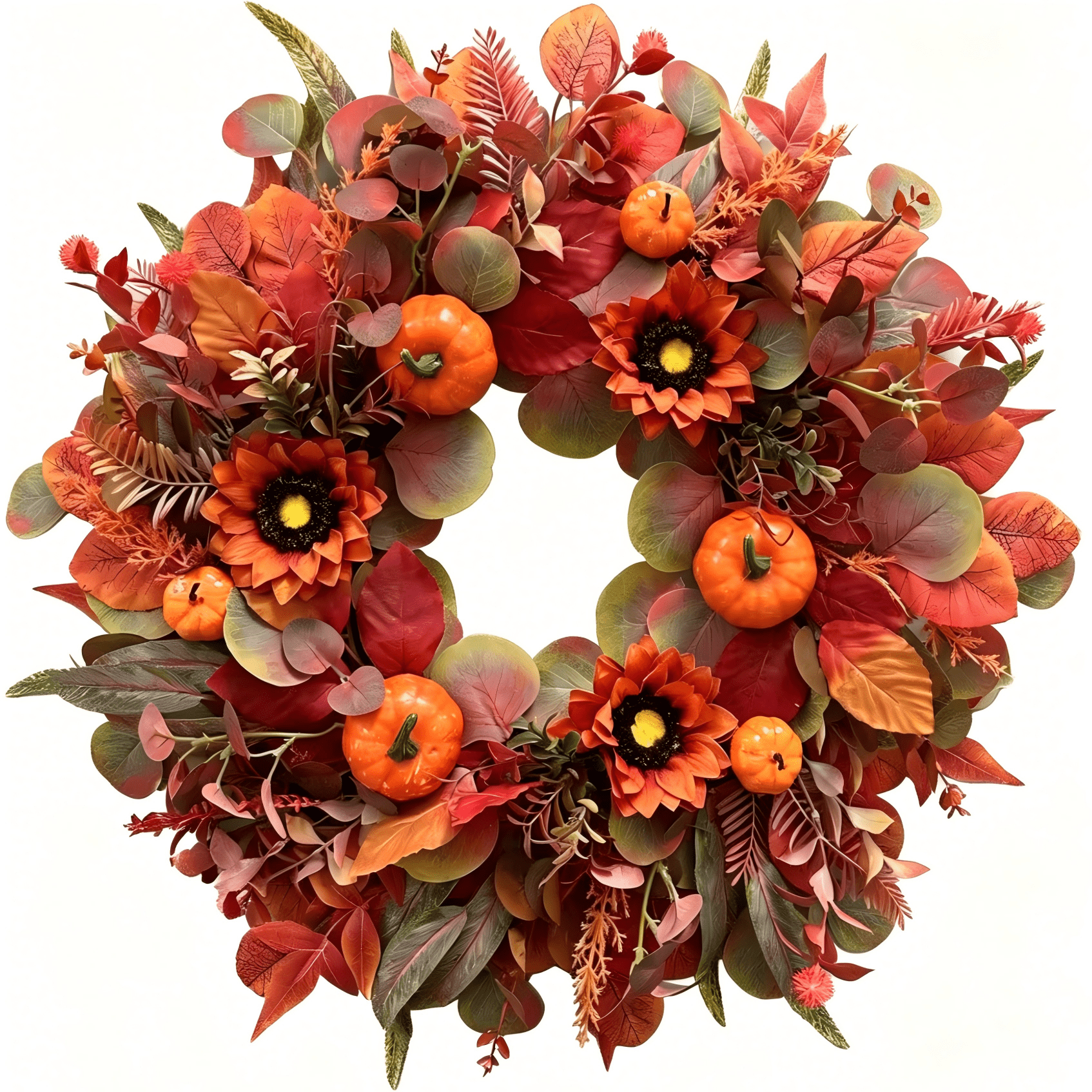 Fall Wreath for Front Door-22 Inch Artificial Autumn Harvest Wreath with Sunflowers, Pumpkins, Burgundy Leaves & Eucalyptus for Porch Wall Indoor Outdoor Decor