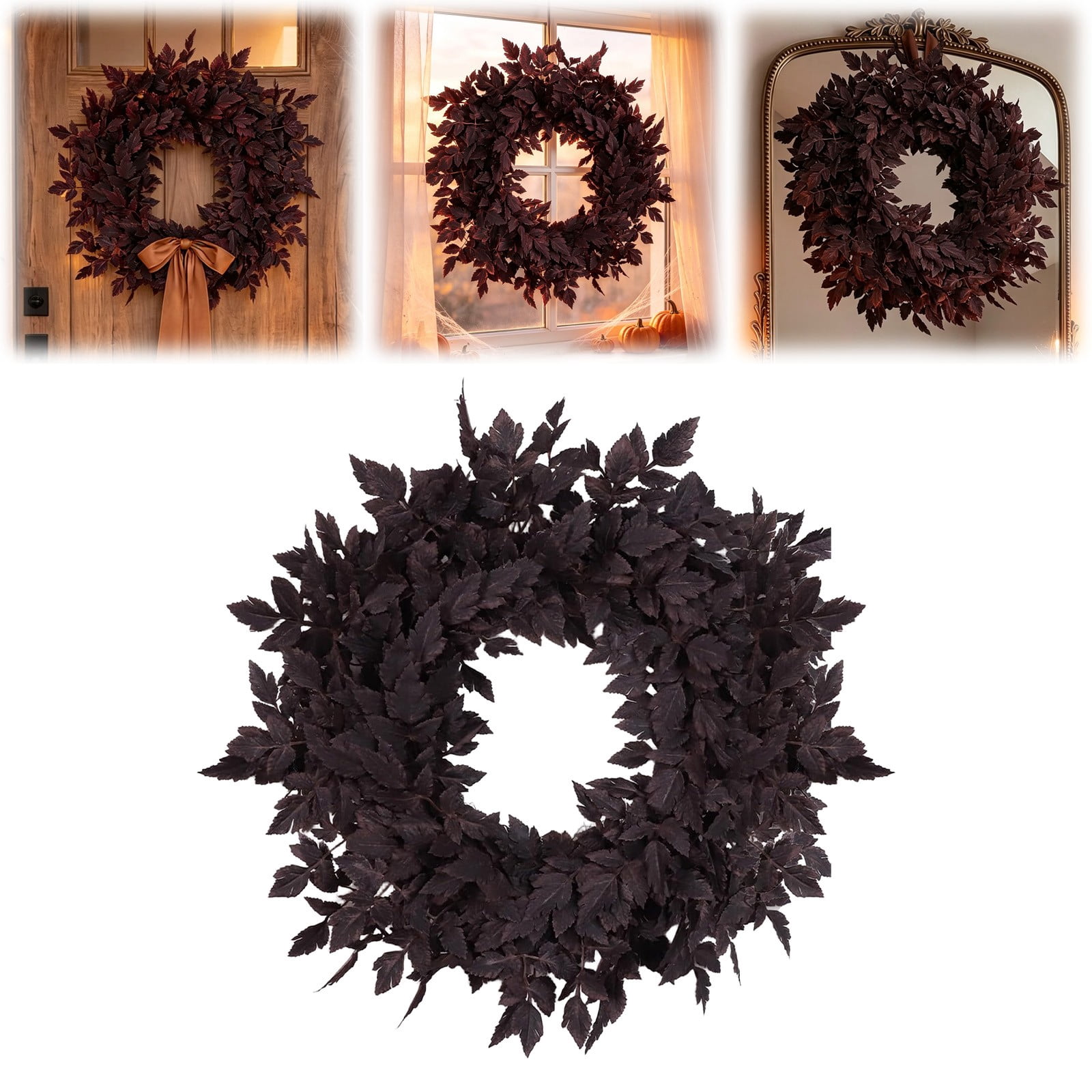 Fall Wreath for Front Door - 24 Inch Autumn Plum Leaf Wreath with Faux Full Harvest Foliage, Halloween Thanksgiving Decor, Farmhouse Wall Window Mantel Decoration, Indoor Outdoor Seasonal Home Accent