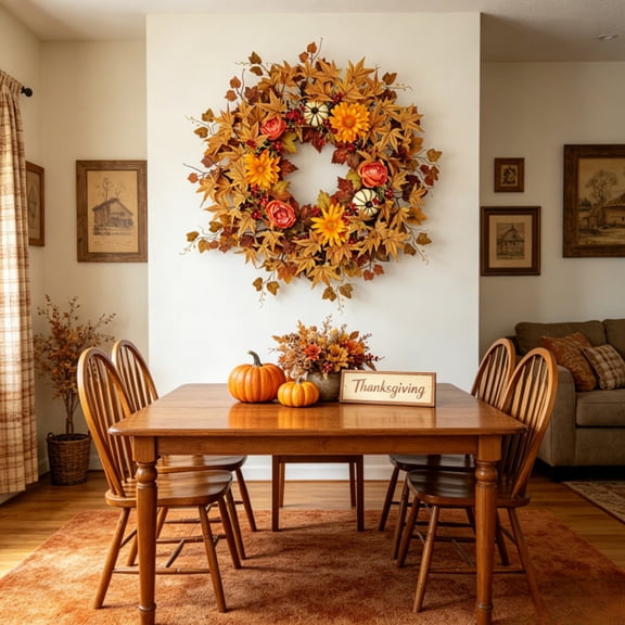 Fall Wreath for Front Door, 26 Inch Artificial Autumn Thanksgiving Wreath, Fall Flowers Artificial for Decoration with Maple Leaves and Mini Pumpkins, Rustic Farmhouse Fall Decor
