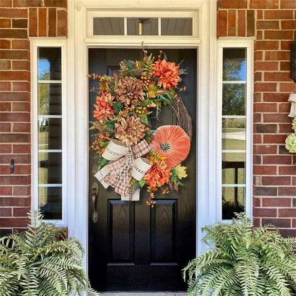 Fall Wreath for Front Door, Artificial Christmas Pumpkin Garland Rustic Grapevine Front Door Decoration Rustic Autumn Wreaths for Home Garden Farmhouse