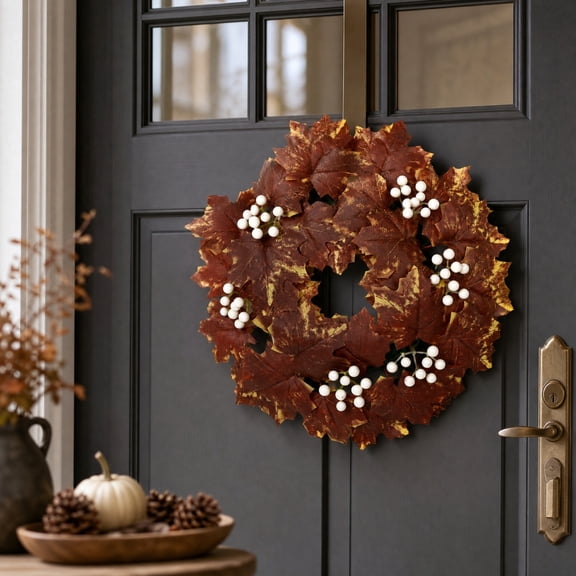 Fall Wreath for Front Door, Artificial Maple Leaf Wreath with White Berries and Grapevine Base for Thanksgiving Porch and Wall Display, Rustic Fall Decorations for Home and Entryway