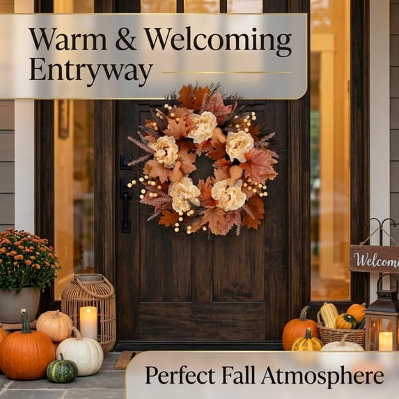 Fall Wreath for Front Door, Fall Door Wreath, Brown Autumn Wreaths, Artificial Fall Flowers, Maple Leaf Pumpkin Peony Wreaths for Thanksgiving Harvest Farmhouse Home Decor