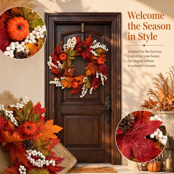 Fall Wreath for Front Door, Fall Front Door Wreath, Outdoor Fall Wreath 24 Inch Artificial Maple Leaf Wreath with White Berries, Mini Pumpkins and Pine Cones, Fall Front Door