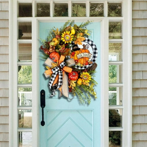 Fall Wreath for Front Door Outside- 13.8 Inch Autumn Harvest Thanksgiving Door Wreath with Pumpkins Sunflower and Leaves, Thanksgiving Wreaths Decorations Indoor Outdoor Fall Decor