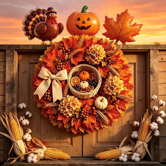 Fall Wreath for Front Door Thanksgiving Decorations Wooden Harvesting Basket Artificial for Farmhouse Indoor Outdoor Window Wall Porch Decor by MPOISVA