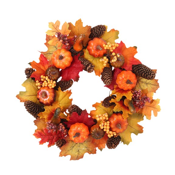 Fall Wreath Front Door Wreath Autumn Wreath with Pumpkin Maple Leaves Reusable Handcrafted 4 Hooks for Indoor Outdoor Home Thanksgiving Decoration