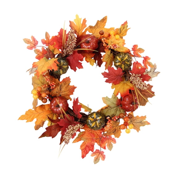 Fall Wreath Front Door Wreath Autumn Wreath with Pumpkin Maple Leaves Reusable Handcrafted 4 Hooks for Indoor Outdoor Home Thanksgiving Decoration