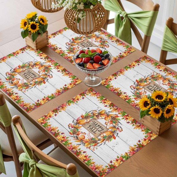 Fall Wreath Maple Leaf Pinecone Placemats Set of 4,Wipeable Washable Table Mats for Dining Tables, Autumn Gradient Leaves Place Mats for Kitchen Event Party Tabletop Decor