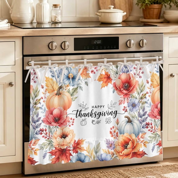 Fall Wreath Oven Skirt for Farmhouse Kitchen Décor, Happy Thanksgiving Botanical Leaves Floral Oven Curtain Tie Top Decorative Stove Skirt, Cabinet Dish Washer Curtains with 8 Ribbon Ties 30"x21.5"