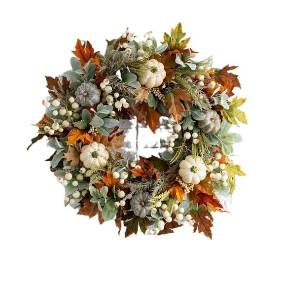 Fall Wreath Pumpkin Wreath Artificial Maple Leaves Decoration Autumn Decor Door Wreath with Mini Pumpkins for Harvest Wreath for Door Window Porch Thanksgiving Halloween Indoor Outdoor Wedding Decor