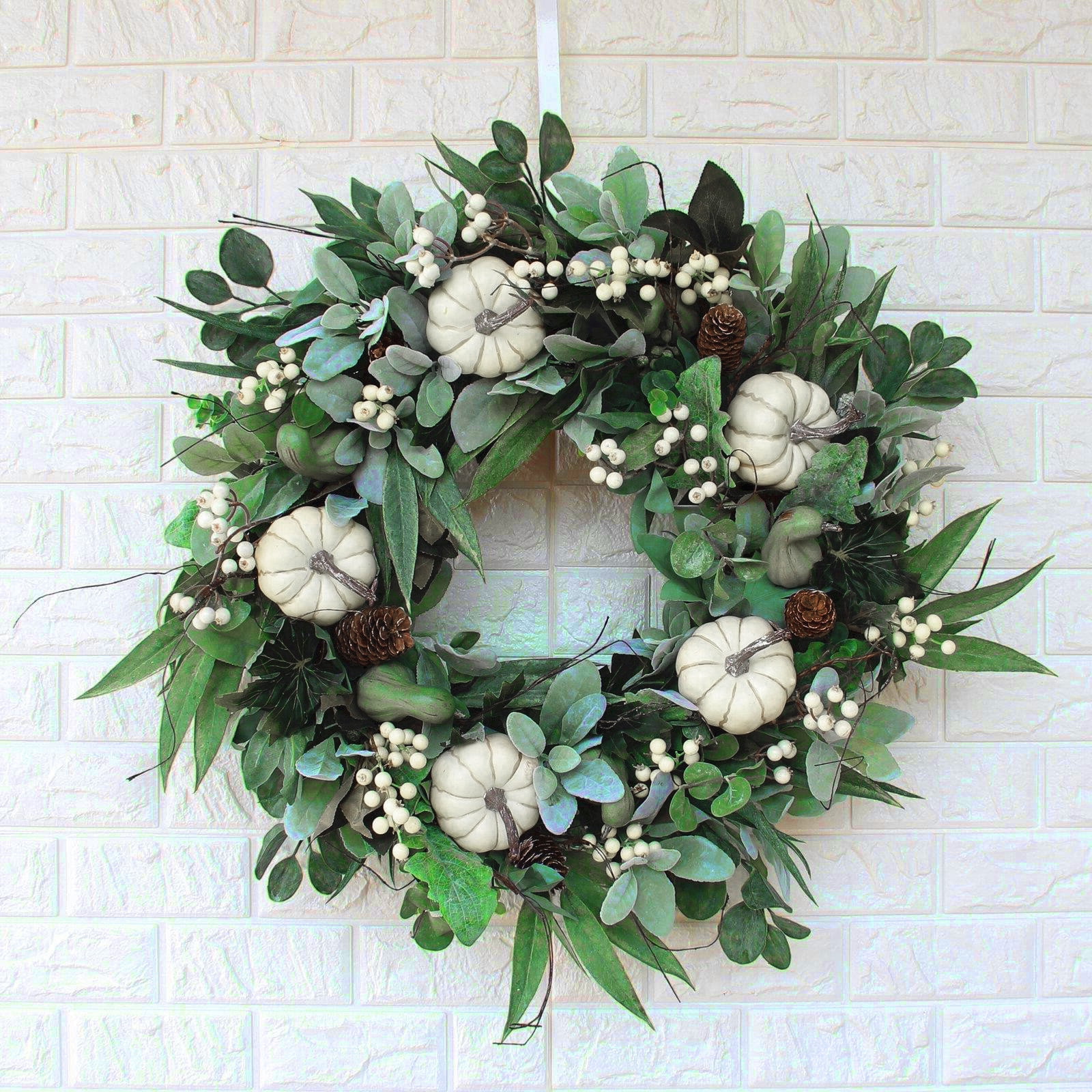 Fall Wreath Pumpkin Wreaths for Front Door Green Leaves Harvest Wreath ...