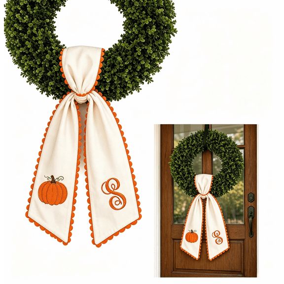Fall Wreath Sash, Letter S with Pumpkin Scalloped Trim, Sturdy Fabric, Wreath Accessories for Porch Doorway & Farmhouse Home Decor