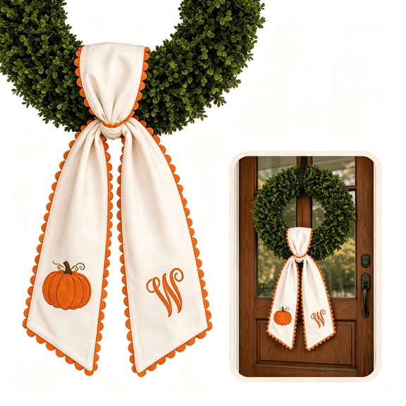 Fall Wreath Sash, Letter W with Pumpkin Scalloped Edge, Quality Fabric, Front Door Decor for Porch Doorway & Home Decor