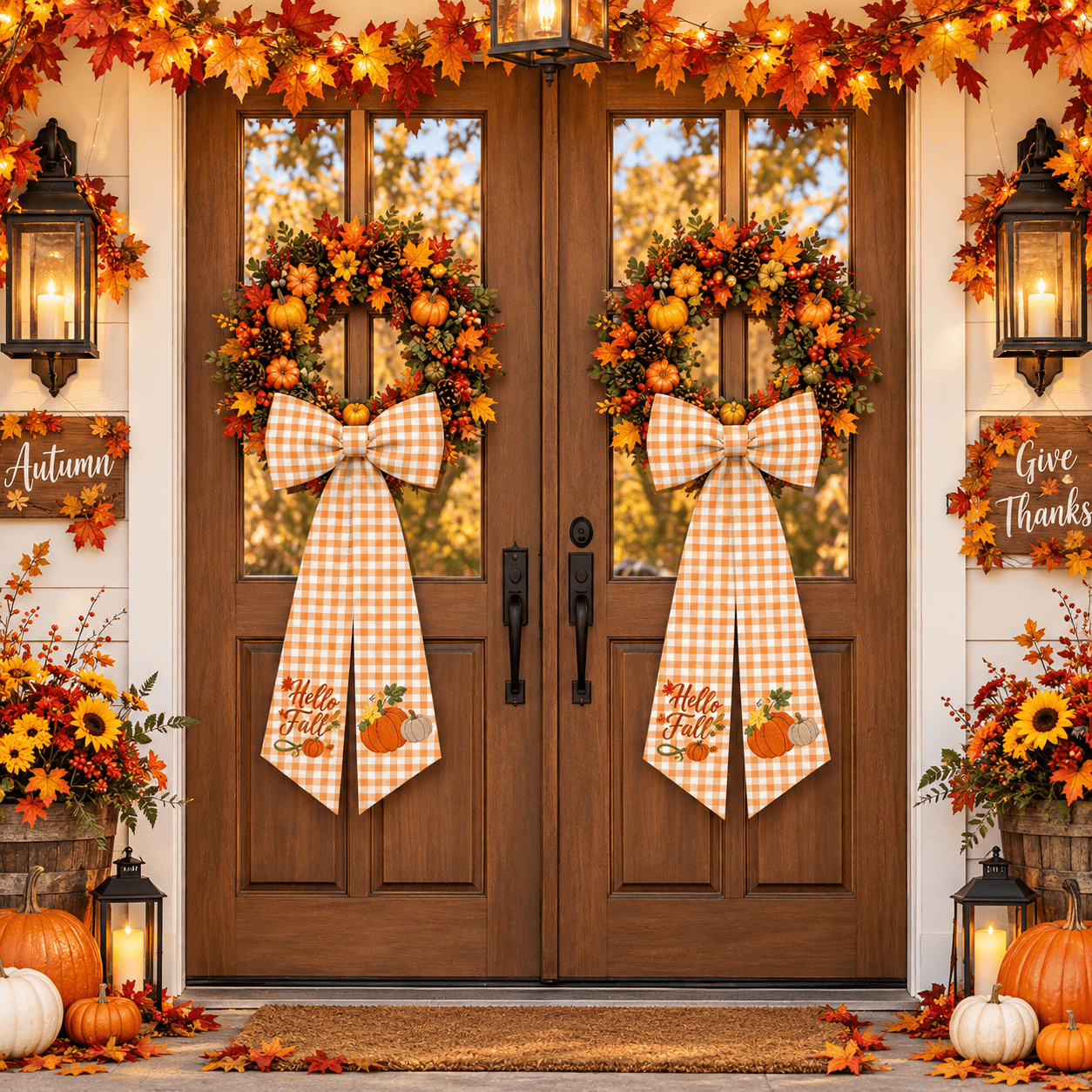 Fall Ribbon Bow Fall Wreath Sash Plaid Pumpkin Hello Fall Front Door Embroidery Ribbon ...