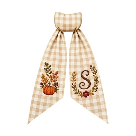 Fall Wreath Sash Pumpkin Print monogrammed Letter S Scalloped Edges Front Door Thanksgiving Decor Double Sided Plaid Ribbon 5.1x54.3 in