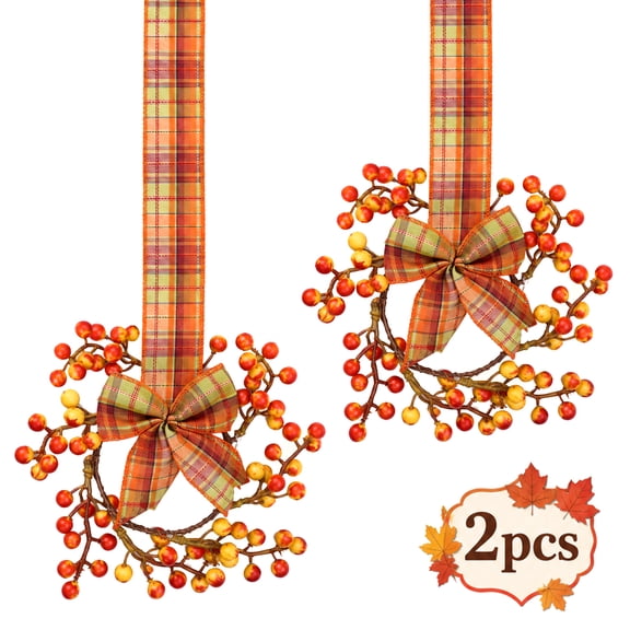 Fall Cabinet Wreaths 2 Pack, Mini Orange Berry Wreaths with Plaid Ribbon Bows for Kitchen Cabinets, Thanksgiving Autumn Home Decorations