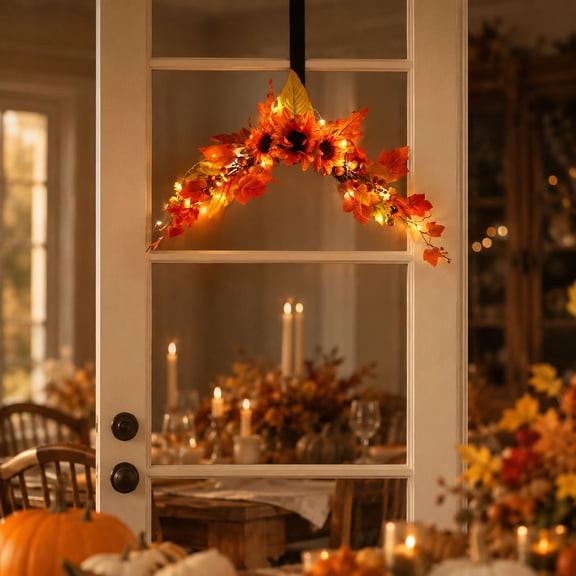 Fall Wreath, Sunflower Garland, Artificial Floral Arch, Led Light Door Decor, 17.7in x 11.8in, Thanksgiving Home Decor