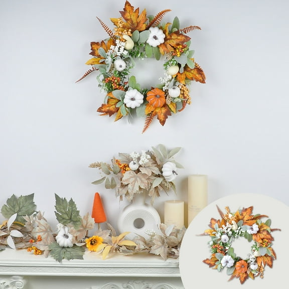 Fall Wreath Thanksgiving Autumn Front Door Wreath,15.7" Eucalyptus Berries Pumpkins Lamb Ears Leaves Autumn Wreaths for Front Door,Fall Decor,Porch Wall,Home Outdoor Holiday Decorations