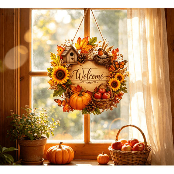 Fall Wreath Wooden Welcome Sign-12" Front Door Decor for Fall Thanksgiving | Farmhouse Fall Sunflower Pumpkin Wreath with Welcome Sign for Porch Window Wall Home Party Decoration Indoor Outdoor
