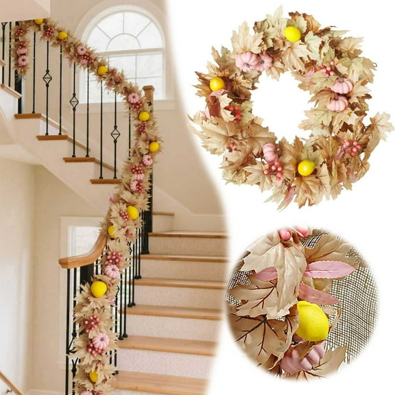 Elegant Fall Wreath Featuring Lifelike Maple Leaves Pumpkins and Grapevine for Autumn Thanksgiving
