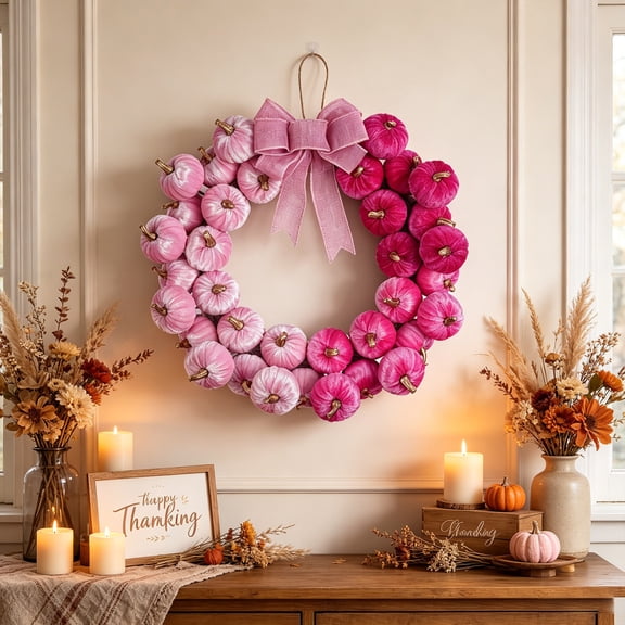 Fall Wreath for Front Door Artificial Pumpkin Wreath With Bow 16.9 Inch Harvest Thanksgiving Halloween Decor for Home Wall Porch
