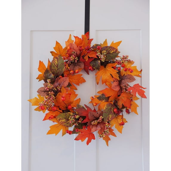 Fall Wreath for Front Door - Rustic Autumn Wreath with Pumpkins, Berries & Ferns, Thanksgiving Harvest Decor for Home & Porch