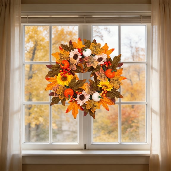 Fall Wreaths - Fall Decorations for Home - Autumn Pumpkin Foliage Maple Leaf Hydrangeas Wreath for Thanksgiving Halloween Farmhouse Harvest Front Door Outdoor Indoor Window Wall, Holiday Decoration